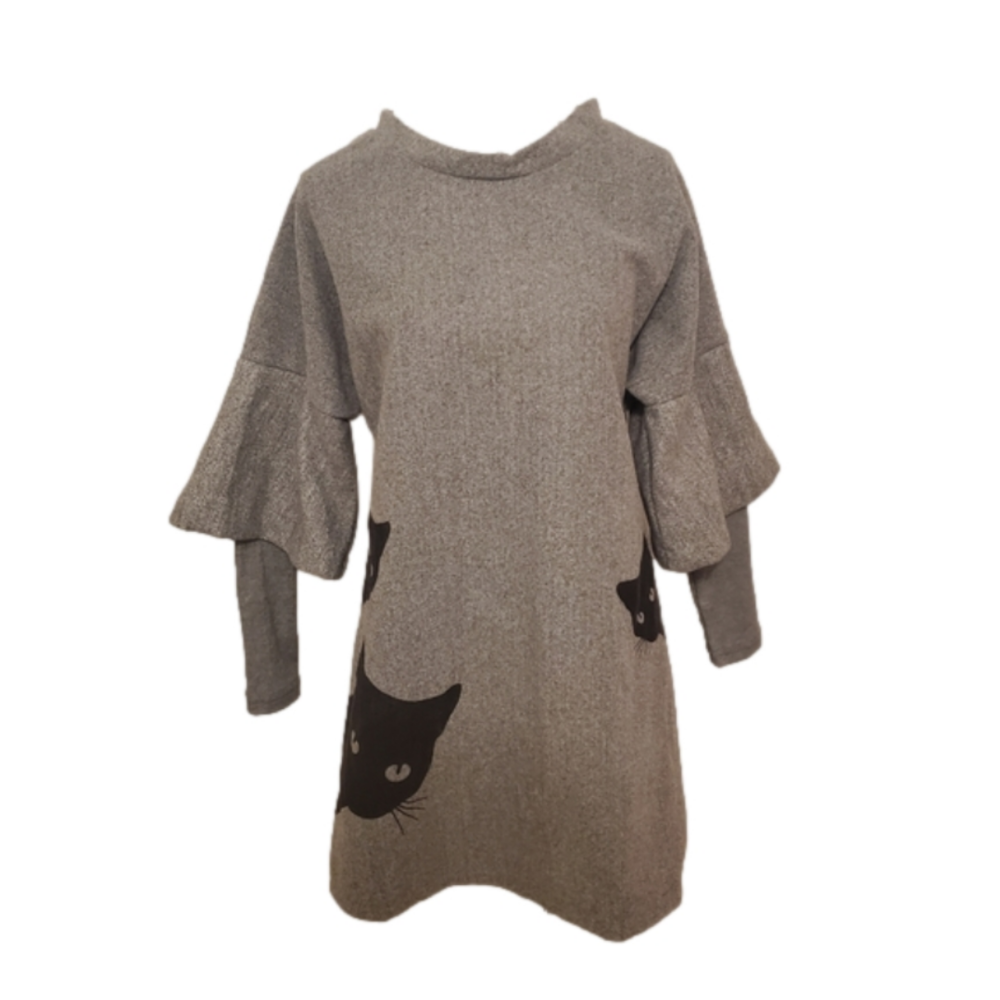 OC Order Plus | Grey Black Cat Fun Novelty Amazon Shift Dress - Size: Small